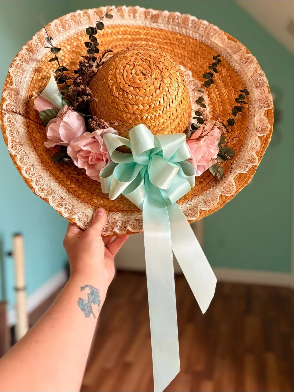 Handmade Farmhouse Rustic Straw Sun Hat with Pink Flowers & Mint Bow